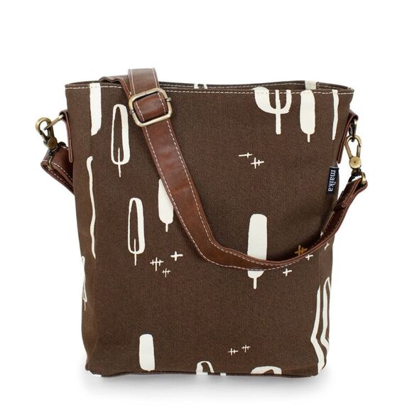 Maika Olivos Brown Cream Canvas Botanical Print Ethically Made Crossbody Bag - Picture 1 of 16